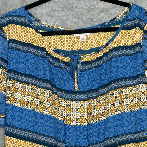 Dressbarn 3X Shirt Top Blue Gold Striped Short Sleeve Scoop Neck Keyhole Sheer - Picture 3 of 8